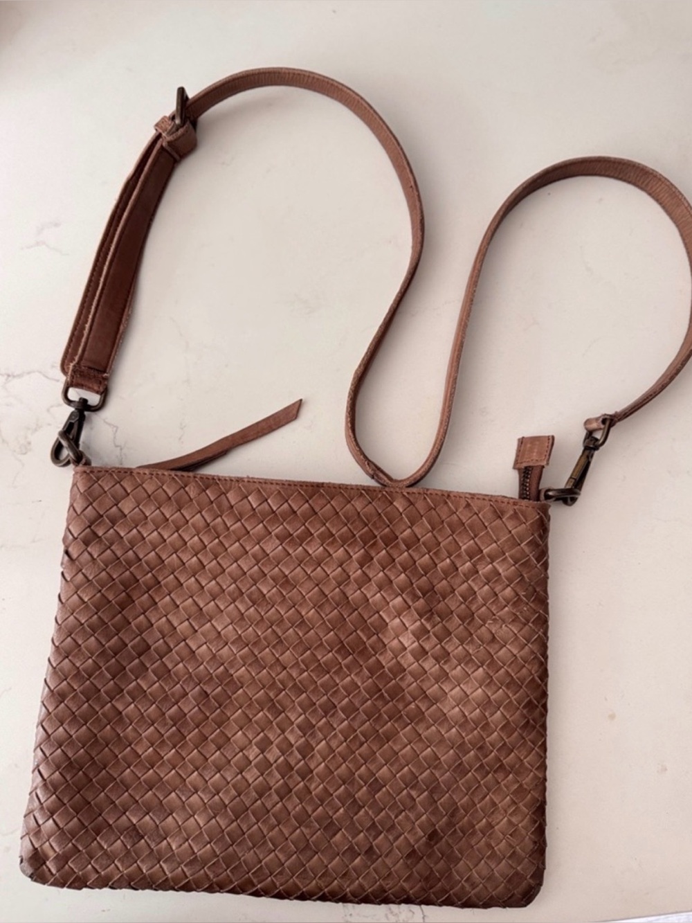 Valentina Woven Leather Crossbody in Warm Brown